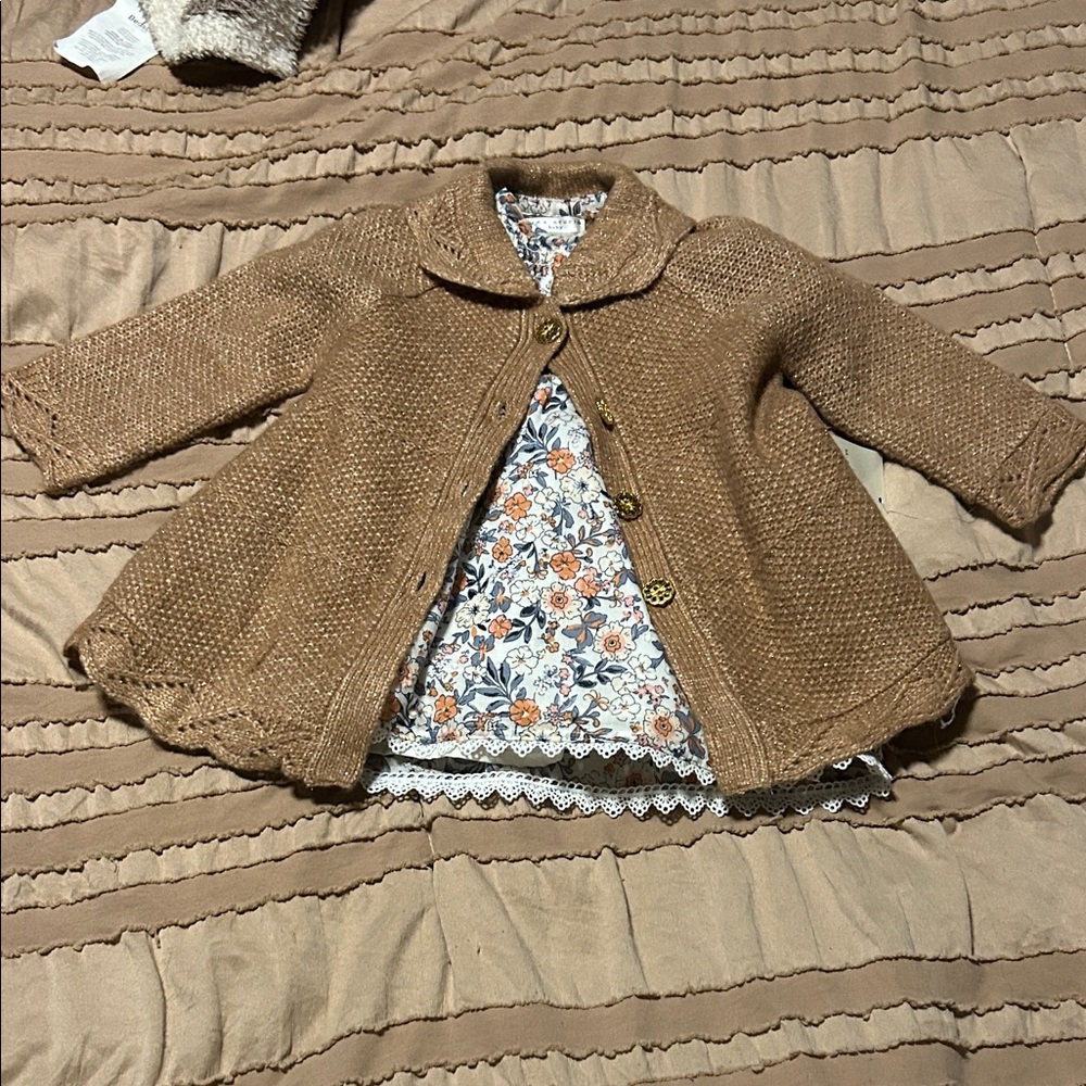 Max Studio Brown Knit Kids Cape with Floral Lining